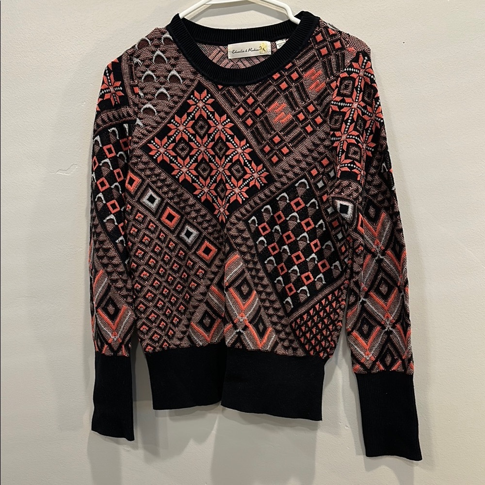 Anthropologie Charlie & Robin Geometric Crew Neck Sweater Black Red Large - Picture 3 of 13